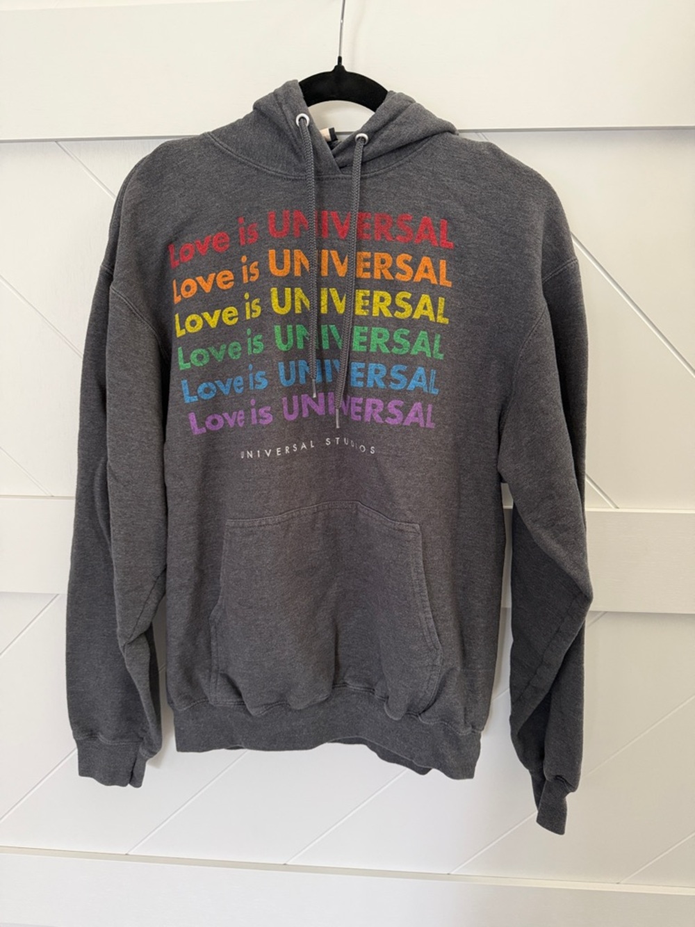 Universal Charcoal Hoodie with Rainbow 'Love is Universal' Text